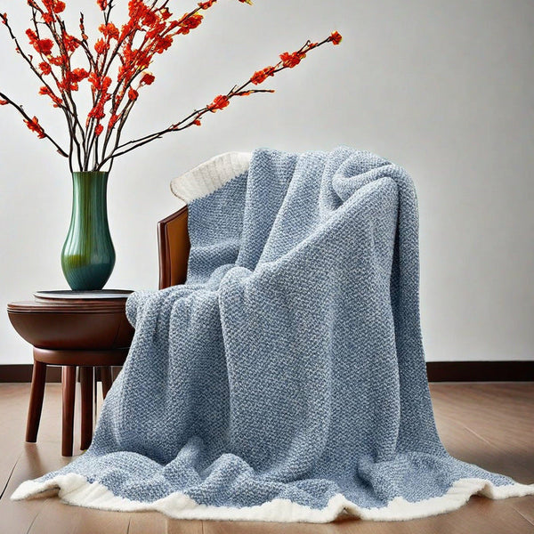 Beige And White Plush Chenille Knit Throw Blanket Soft Cozy Polyester For Bed & Sofa | Textured Two Tone Design (127X153cm) Blankets