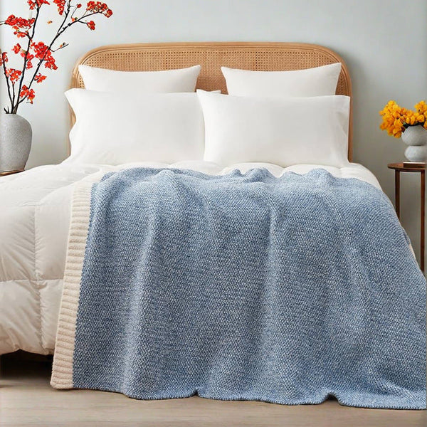 Beige And White Plush Chenille Knit Throw Blanket Soft Cozy Polyester For Bed & Sofa | Textured Two Tone Design (127X153cm) Blankets