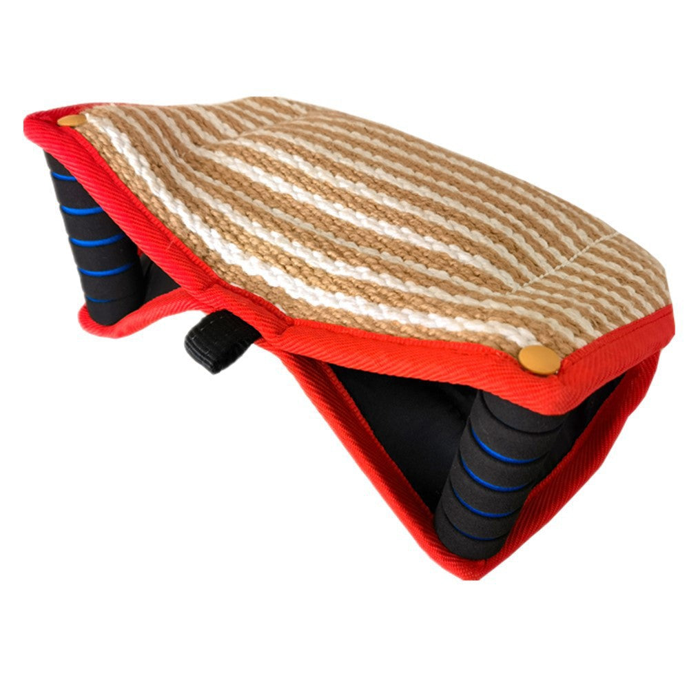 Red And Khaki Heavy Duty Jute Dog Bite Pillow Professional Training Tug Toy With 3 Handles Dog Toys