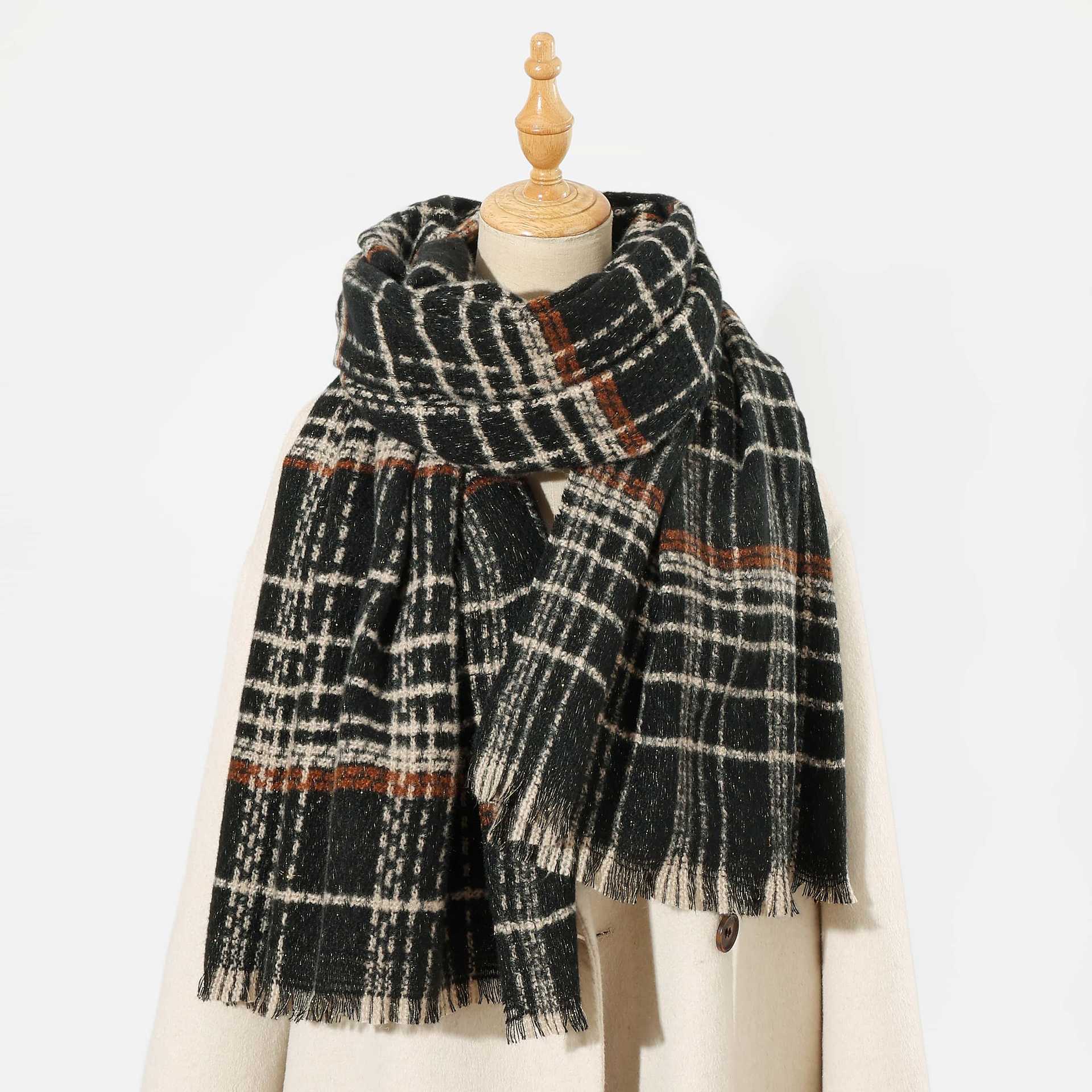 Black Chic Plaid Winter Scarf Large Soft Polyester Shawl Wrap With Tassels Korean Inspired Fashion Scarves & Wraps