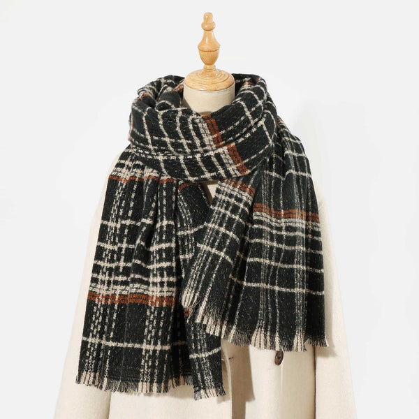 Black Chic Plaid Winter Scarf Large Soft Polyester Shawl Wrap With Tassels Korean Inspired Fashion Scarves & Wraps