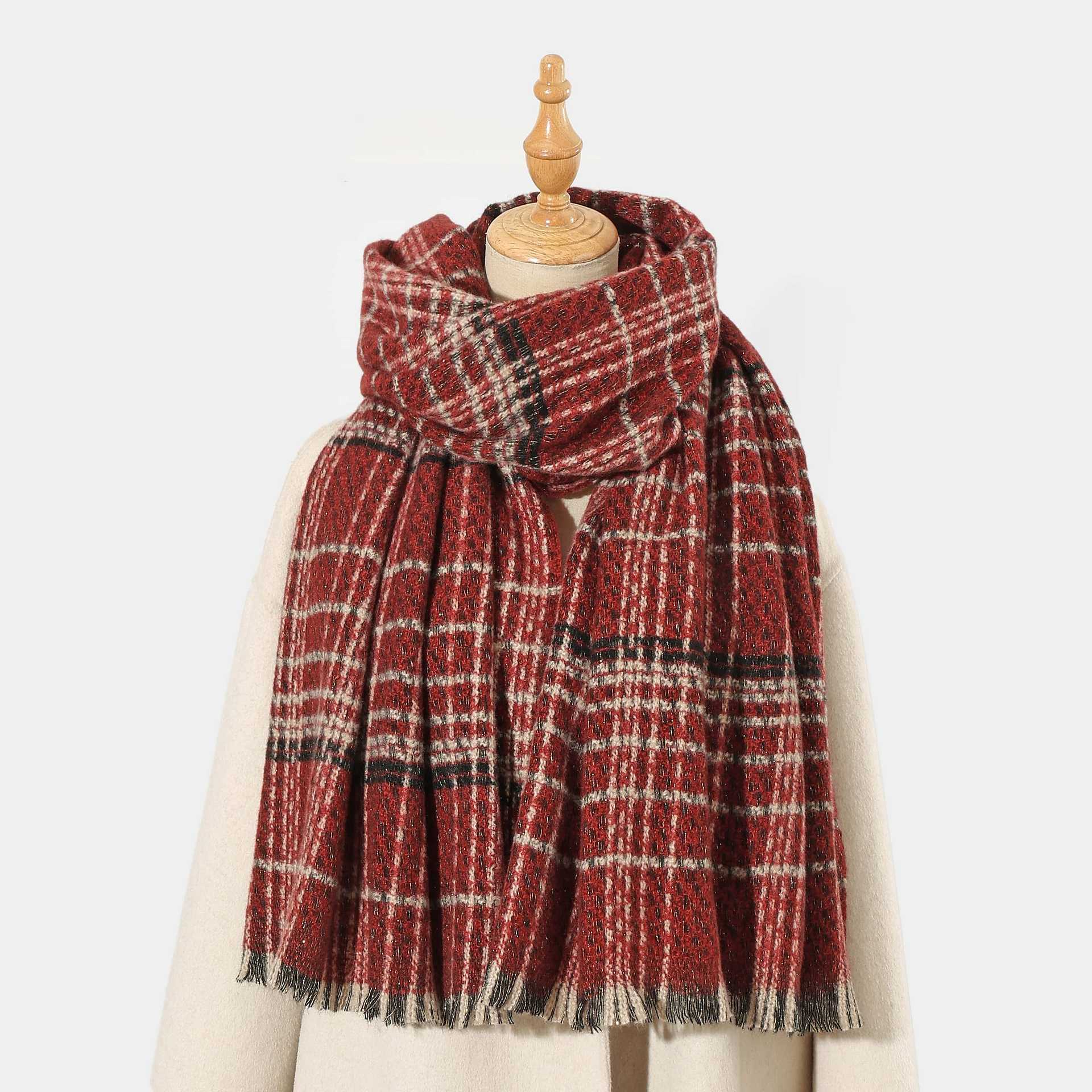 Red Chic Plaid Winter Scarf Large Soft Polyester Shawl Wrap With Tassels Korean Inspired Fashion Scarves & Wraps