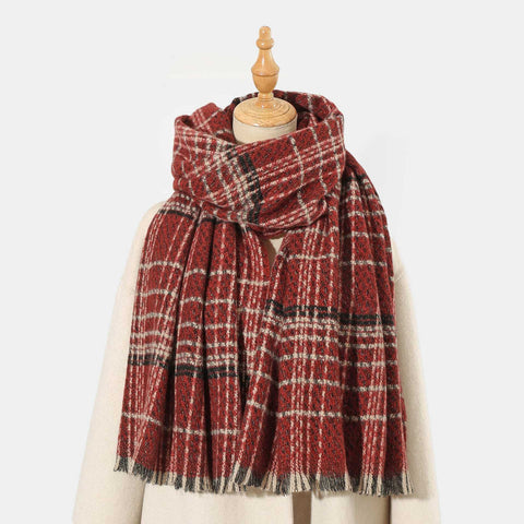 Red Chic Plaid Winter Scarf Large Soft Polyester Shawl Wrap With Tassels Korean Inspired Fashion Scarves & Wraps