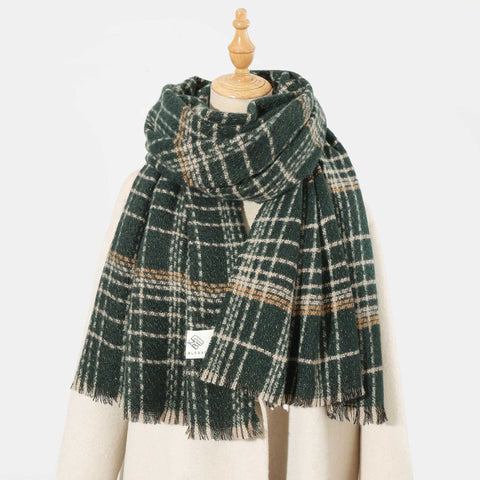 Green Chic Plaid Winter Scarf Large Soft Polyester Shawl Wrap With Tassels Korean Inspired Fashion Scarves & Wraps