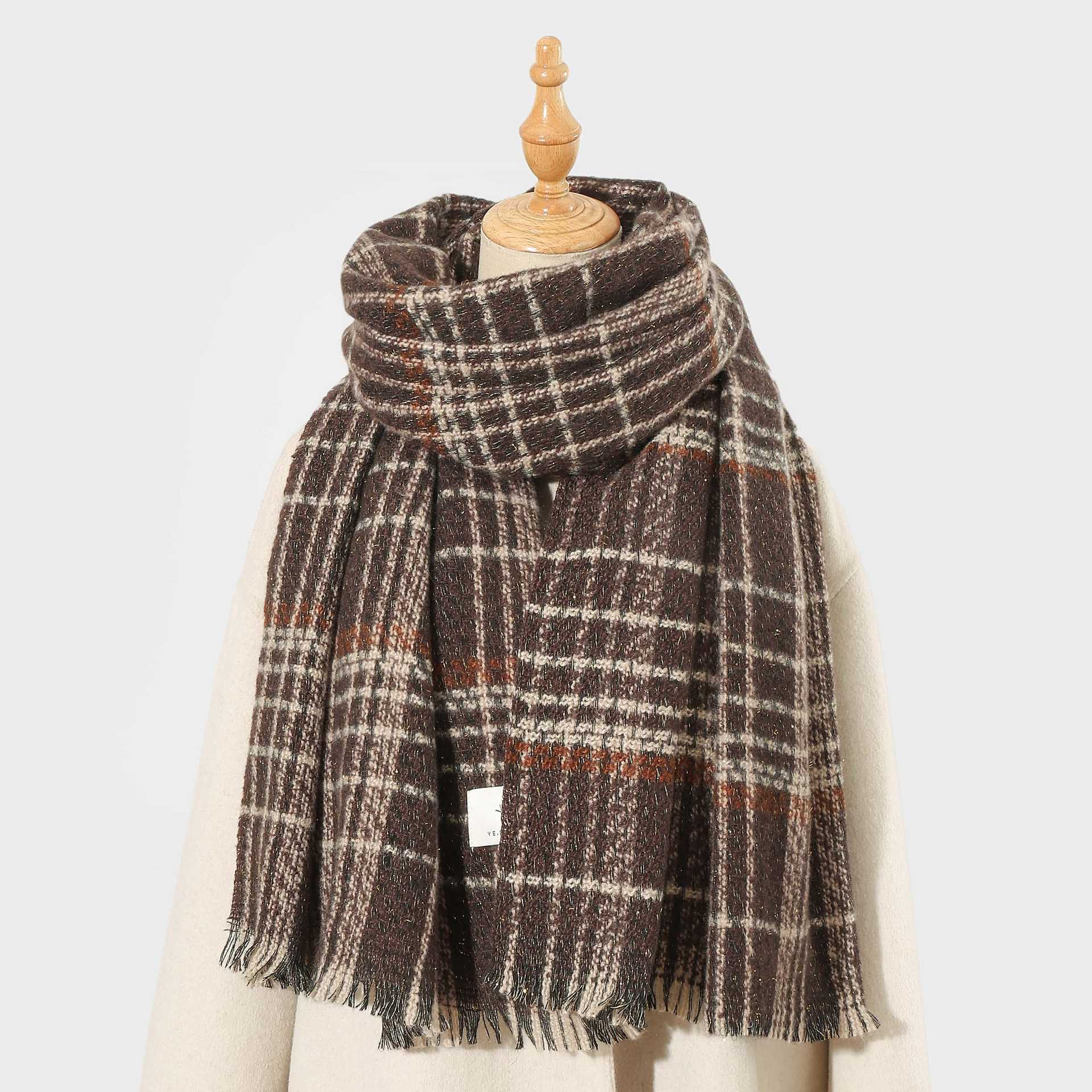 Coffee Chic Plaid Winter Scarf Large Soft Polyester Shawl Wrap With Tassels Korean Inspired Fashion Scarves & Wraps