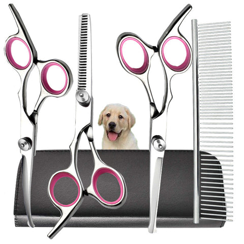Pink And Silver Complete 5 Piece Pet Grooming Scissors Kit Stainless Steel Straight Curved & Thinning Shears With Comb Pu Case (6.0 Inch) Dog Grooming