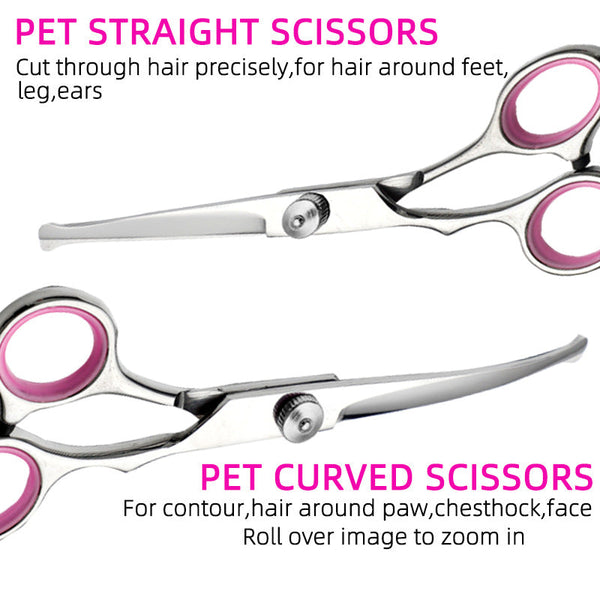 Pink And Silver Complete 5 Piece Pet Grooming Scissors Kit Stainless Steel Straight Curved & Thinning Shears With Comb Pu Case (6.0 Inch) Dog Grooming