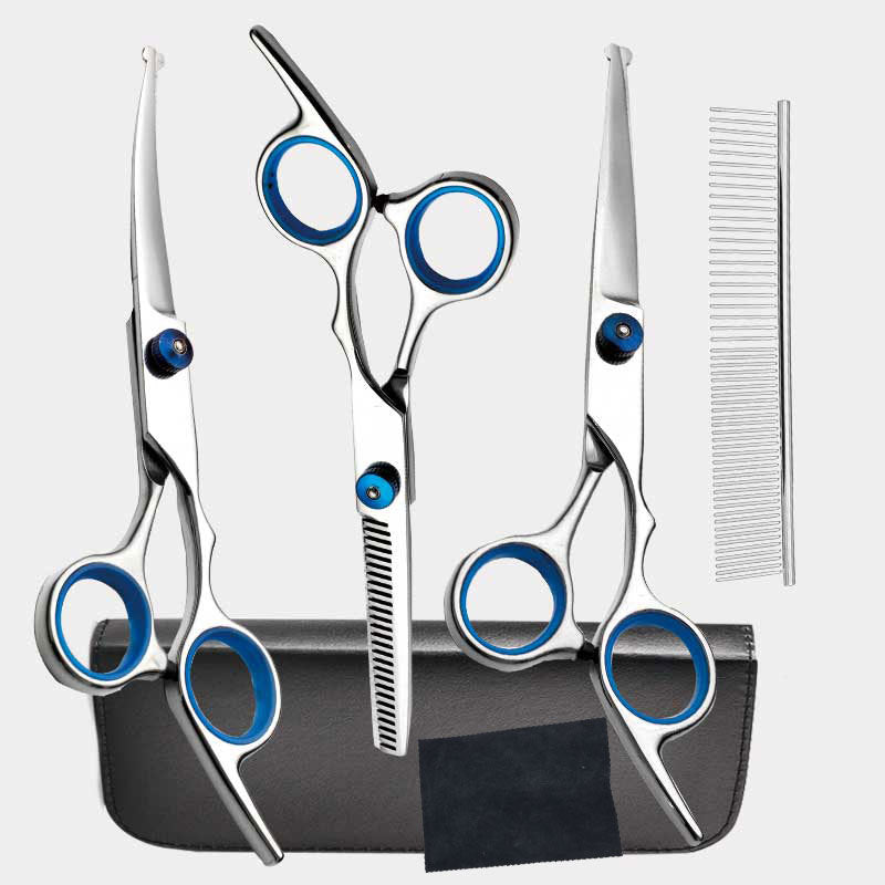 Blue And Silver Complete 5 Piece Pet Grooming Scissors Kit Stainless Steel Straight Curved & Thinning Shears With Comb Pu Case (6.0 Inch) Dog Grooming