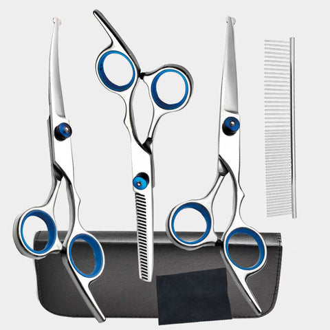 Blue And Silver Complete 5 Piece Pet Grooming Scissors Kit Stainless Steel Straight Curved & Thinning Shears With Comb Pu Case (6.0 Inch) Dog Grooming