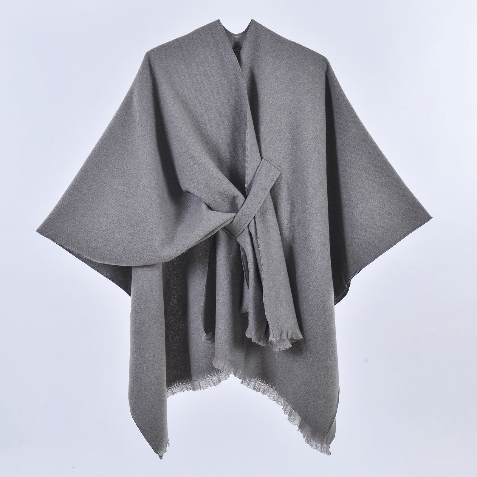 Grey Elegant Soft Knit Poncho Cape Warm Autumn Winter Shawl Wrap With Side Tie Thick & Luxurious Feel Scarves & Wraps
