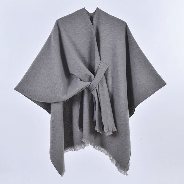Grey Elegant Soft Knit Poncho Cape Warm Autumn Winter Shawl Wrap With Side Tie Thick & Luxurious Feel Scarves & Wraps