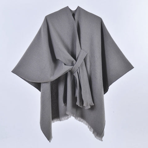 Grey Elegant Soft Knit Poncho Cape Warm Autumn Winter Shawl Wrap With Side Tie Thick & Luxurious Feel Scarves & Wraps