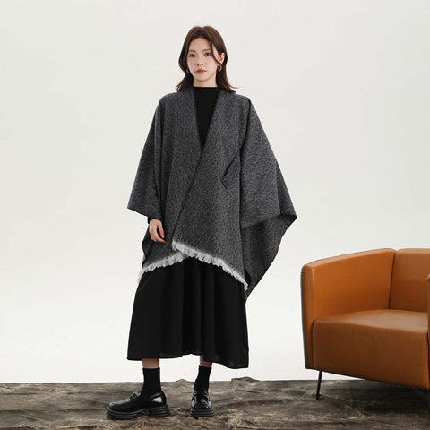 Black And White Elegant Soft Knit Poncho Cape Warm Autumn Winter Shawl Wrap With Side Tie Thick & Luxurious Feel Scarves & Wraps