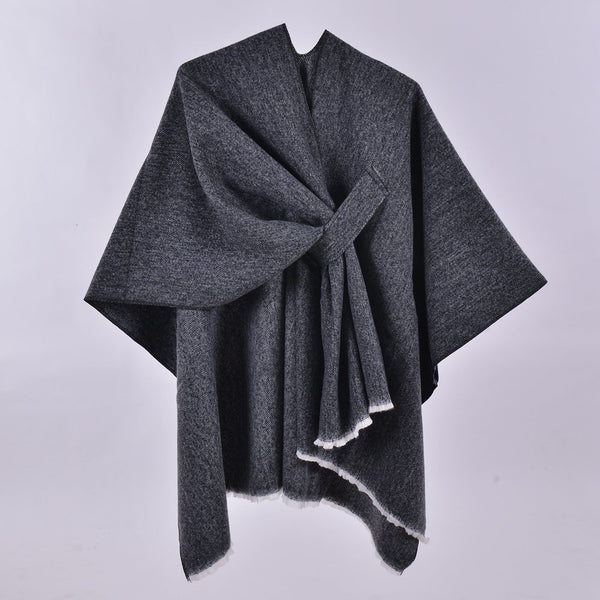 Black And White Elegant Soft Knit Poncho Cape Warm Autumn Winter Shawl Wrap With Side Tie Thick & Luxurious Feel Scarves & Wraps