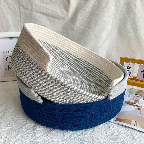 Blue And White Chic Two Tone Woven Cotton Rope Cat Bed Cozy Handmade Pet Nest & Storage Basket Dog Clothing & Shoes
