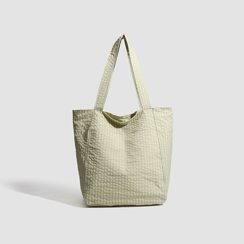 Light Green Stylish Lightweight Seersucker Gingham Tote Bag Spacious Multi Pocket Shoulder With Zipper Women's Bags & Handbags