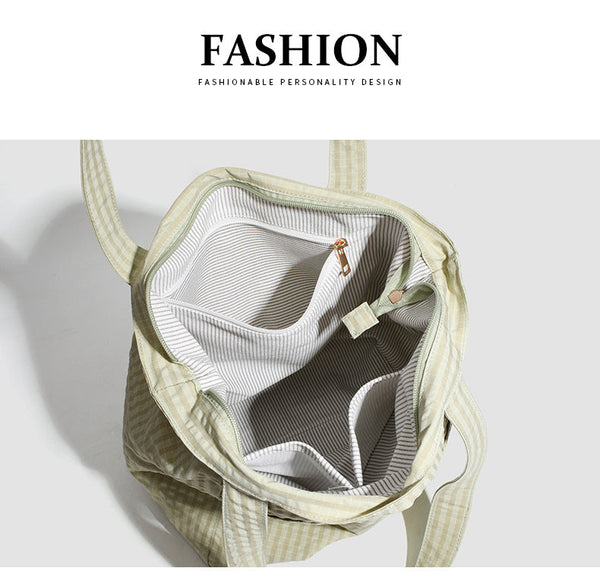 Light Green Stylish Lightweight Seersucker Gingham Tote Bag Spacious Multi Pocket Shoulder With Zipper Women's Bags & Handbags
