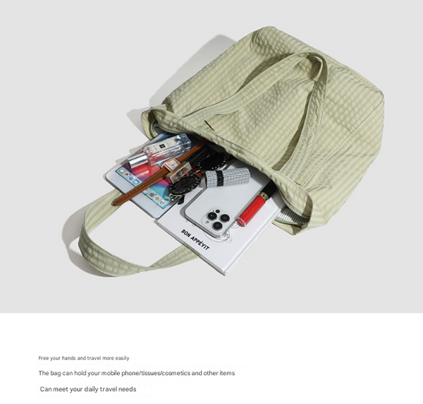 Light Green Stylish Lightweight Seersucker Gingham Tote Bag Spacious Multi Pocket Shoulder With Zipper Women's Bags & Handbags