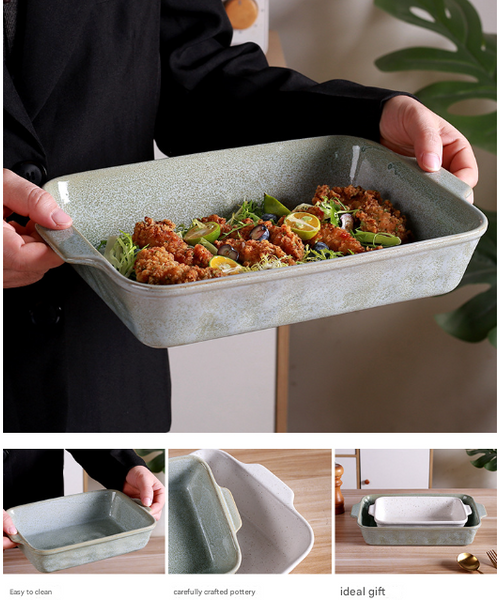 800Ml White Elegant Speckled Ceramic Rectangular Baking Dish Oven Microwave Safe Casserole Pan With Handles Baking Trays