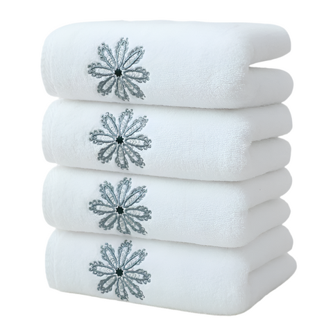 White 4 Pack Elegant Green Floral Embroidered Cotton Hand Towels Ultra Soft Absorbent Towels & Washcloths