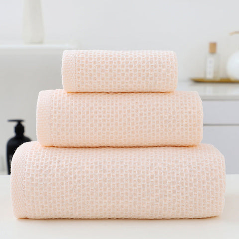 Light Pink Premium 3 Piece Waffle Weave Cotton Towel Set Lightweight Quick Dry & Absorbent Bath Hand Face Cloth Towels & Washcloths