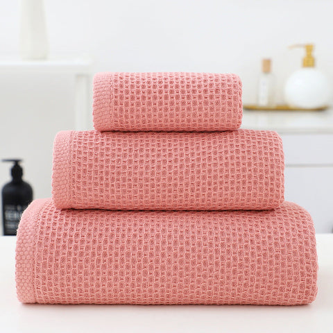 Pink Premium 3 Piece Waffle Weave Cotton Towel Set Lightweight Quick Dry & Absorbent Bath Hand Face Cloth Towels & Washcloths