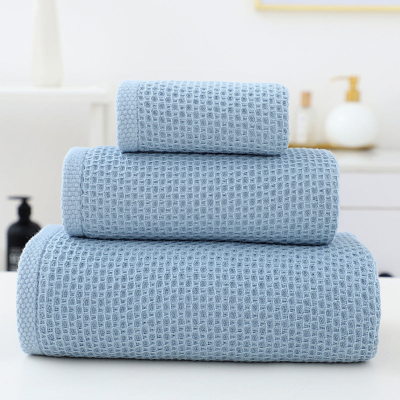 Blue Premium 3 Piece Waffle Weave Cotton Towel Set Lightweight Quick Dry & Absorbent Bath Hand Face Cloth Towels & Washcloths