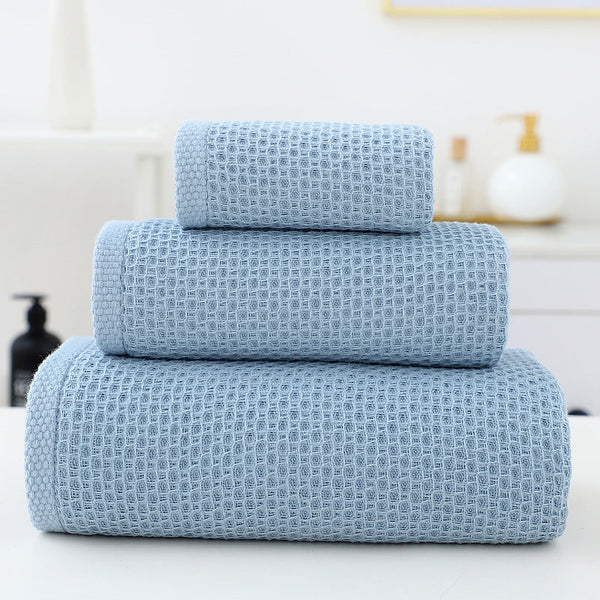Blue Premium 3 Piece Waffle Weave Cotton Towel Set Lightweight Quick Dry & Absorbent Bath Hand Face Cloth Towels & Washcloths