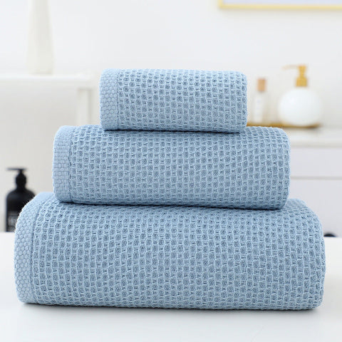 Blue Premium 3 Piece Waffle Weave Cotton Towel Set Lightweight Quick Dry & Absorbent Bath Hand Face Cloth Towels & Washcloths