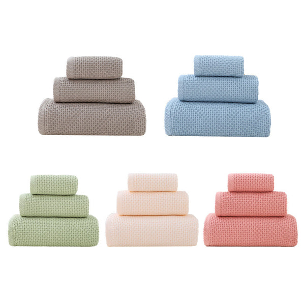 Blue Premium 3 Piece Waffle Weave Cotton Towel Set Lightweight Quick Dry & Absorbent Bath Hand Face Cloth Towels & Washcloths