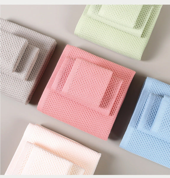 Blue Premium 3 Piece Waffle Weave Cotton Towel Set Lightweight Quick Dry & Absorbent Bath Hand Face Cloth Towels & Washcloths