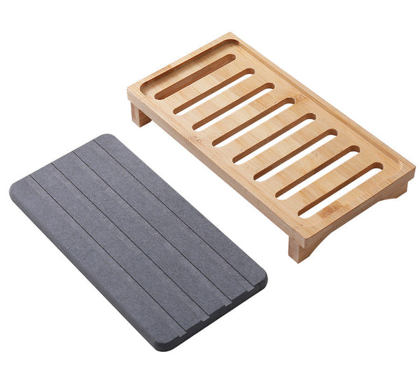Dark Grey Natural Diatomaceous Earth Absorbent Drying Tray With Bamboo Base Quick Dry Stone Mat For Kitchen & Bathroom Sink Other Bathroom Accessories