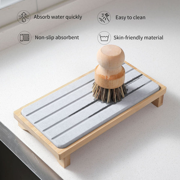 Light Grey Natural Diatomaceous Earth Absorbent Drying Tray With Bamboo Base Quick Stone Mat For Kitchen & Bathroom Sink Other Bathroom Accessories