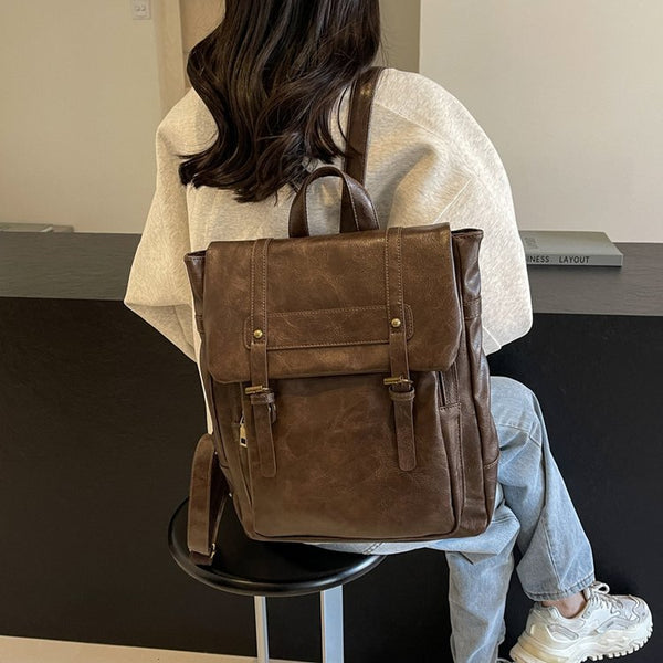 Brown Style Pu Leather Backpack Large Capacity Women's Rucksack For University Commute & Travel Women's Bags & Handbags