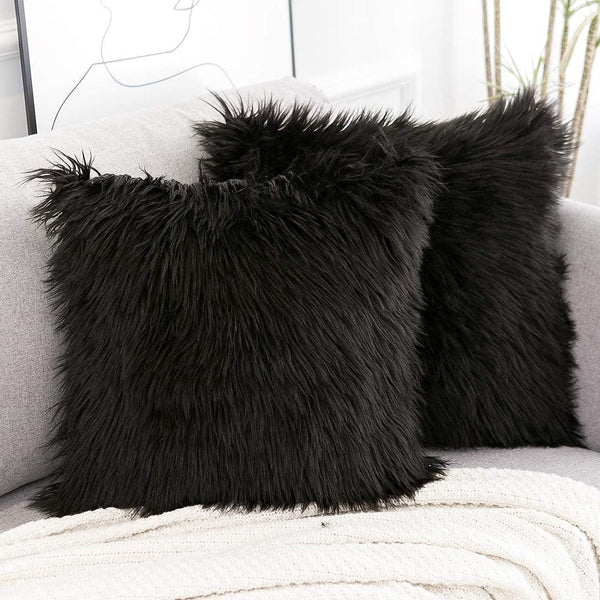Black Luxurious Long Faux Fur Cushion Covers Set Of 2 45X45cm Soft Plush Decorative Pillowcases For Sofa & Bed Pillow Cases