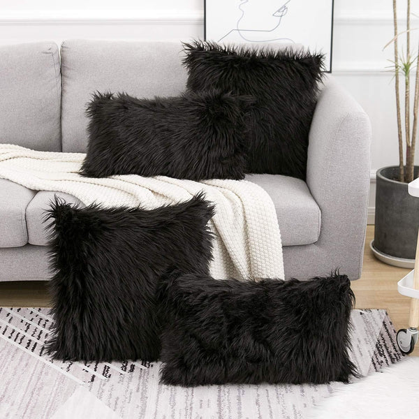 Black Luxurious Long Faux Fur Cushion Covers Set Of 2 45X45cm Soft Plush Decorative Pillowcases For Sofa & Bed Pillow Cases
