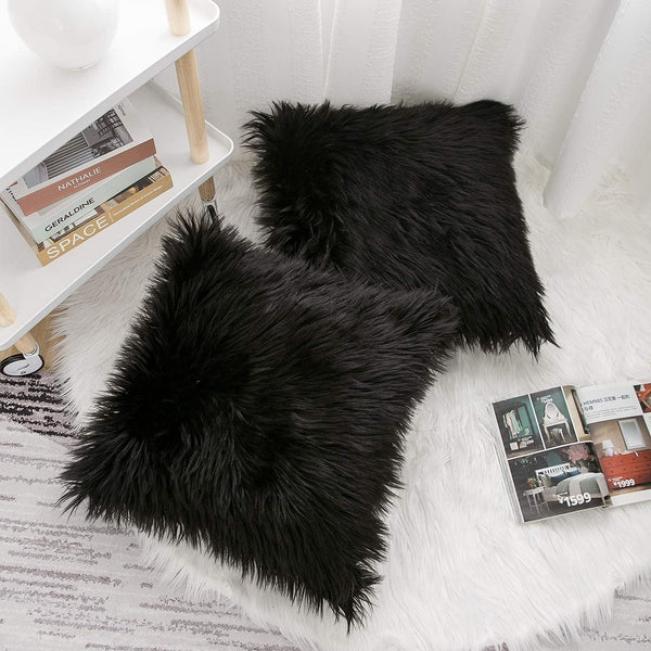Black Luxurious Long Faux Fur Cushion Covers Set Of 2 45X45cm Soft Plush Decorative Pillowcases For Sofa & Bed Pillow Cases