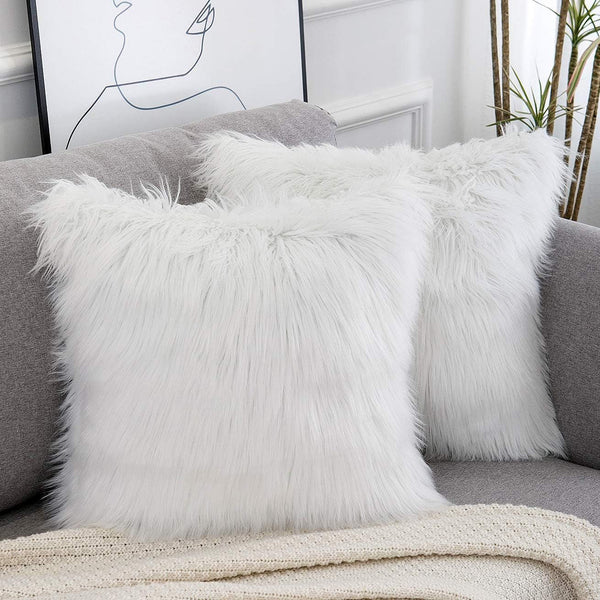 Set Of 2 White Luxurious Long Faux Fur Cushion Covers 45X45cm Pillow Cases