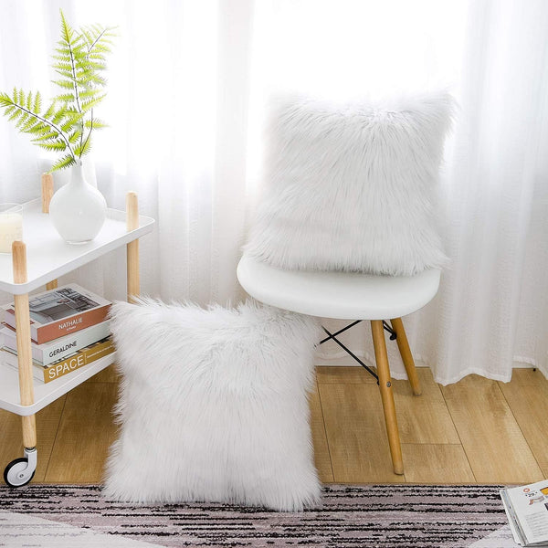 Set Of 2 White Luxurious Long Faux Fur Cushion Covers 45X45cm Pillow Cases