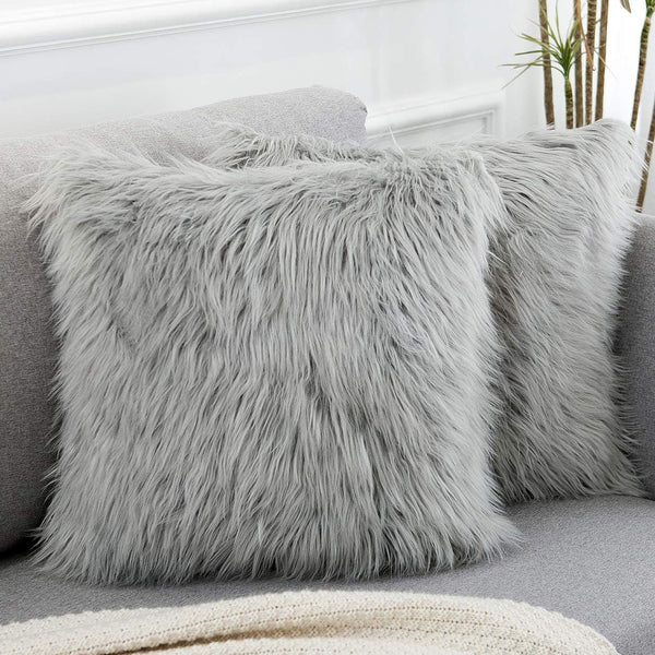 Grey Luxurious Long Faux Fur Cushion Covers Set Of 2 45X45cm Soft Plush Decorative Pillowcases For Sofa & Bed Pillow Cases
