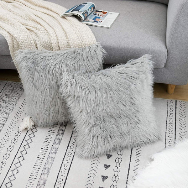 Grey Luxurious Long Faux Fur Cushion Covers Set Of 2 45X45cm Soft Plush Decorative Pillowcases For Sofa & Bed Pillow Cases