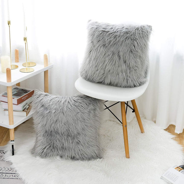 Grey Luxurious Long Faux Fur Cushion Covers Set Of 2 45X45cm Soft Plush Decorative Pillowcases For Sofa & Bed Pillow Cases