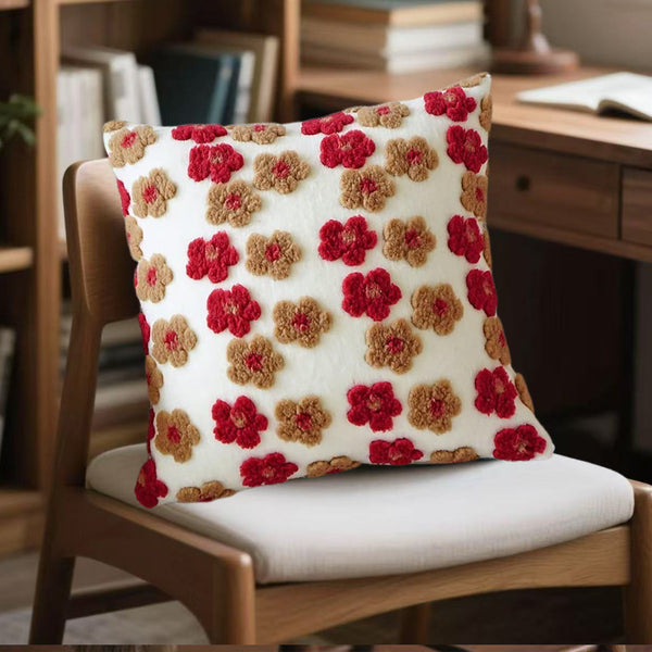 Red And Brown Charming 3D Floral Plush Cushion Covers Set Of 4 45X45cm Soft Faux Lambswool Pillowcases For Sofa & Bed Decor Pillow Cases