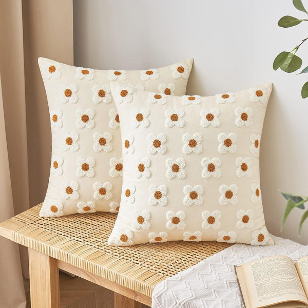 Beige And Khaki Charming 3D Daisy Embroidered Canvas Cushion Covers Set Of 2 45X45cm Soft Textured Decorative Pillowcases Pillow Cases