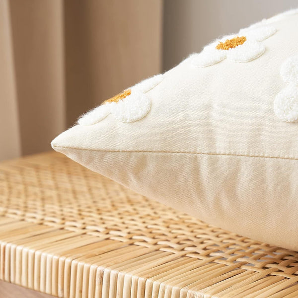 Beige And Khaki Charming 3D Daisy Embroidered Canvas Cushion Covers Set Of 2 45X45cm Soft Textured Decorative Pillowcases Pillow Cases
