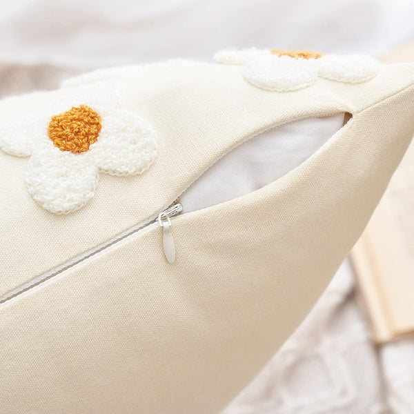 Beige And Khaki Charming 3D Daisy Embroidered Canvas Cushion Covers Set Of 2 45X45cm Soft Textured Decorative Pillowcases Pillow Cases