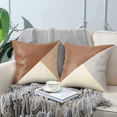Khaki And Gray Modern Geometric Faux Leather & Cotton Linen Cushion Covers Set Of 2 45X45cm Decorative Pillowcases For Sofa Car Pillow Cases