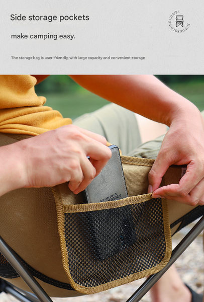 Khaki Lightweight Portable Folding Camping Chair High Back Aluminum Alloy Moon With Oxford Fabric Side Pocket & Carry Bag For Outdoor Beach Fishing Ca