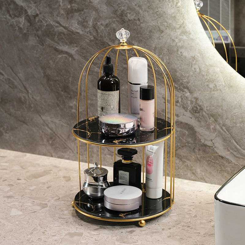 Gold And Black Elegant 2 Tier Birdcage Cosmetic Organizer Wrought Iron Countertop Storage Rack For Skincare Makeup & Jewelry Makeup Bags & Cases