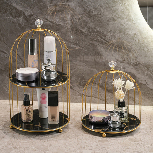 Gold And Black Elegant 2 Tier Birdcage Cosmetic Organizer Wrought Iron Countertop Storage Rack For Skincare Makeup & Jewelry Makeup Bags & Cases